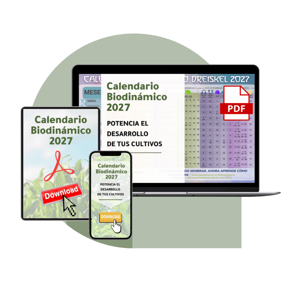 Mockup del Calendario Biodinámico Dreiskel 2027 en portátil, tableta y móvil